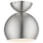 Livex Lighting - Stockton 1 Light Brushed Nickel Globe Semi-Flush - Featuring a clean and crisp modern look, the Stockton one light globe semi flush makes a contemporary statement with the smooth cone shape of its brushed nickel finish exterior.  A gleaming shiny white finish on the interior of the metal shade and polished chrome finish accents bring a refined touch of style.