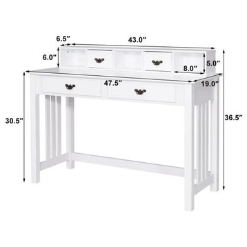 Traditional Desk, Pinewood Legs With Removable Shelf & Metal Handles, White
