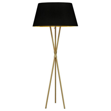 1-Light Modern Tripod Floor Lamp Gabriela, Black/Gold Shade, Aged Brass