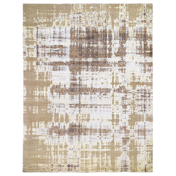 8'x9'10" Yellow Abstract Design Silk With Textured Wool Handmade Rug