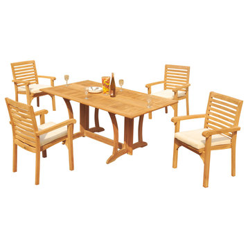 5-Piece Outdoor Teak Dining  Set: 69" Folding Table, 4 Hari Stacking Arm Chairs