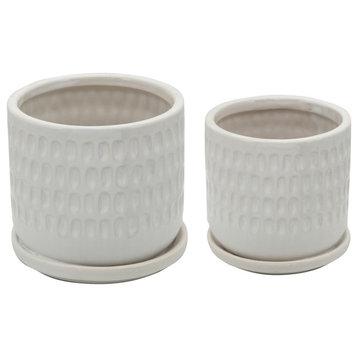 Benzara Ceramic Planter With Saucer & Hammered Design, 2-Piece Set, White