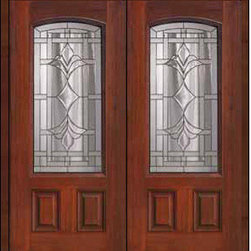 Prehung Double Door 80 Fiberglass Marsala 2 Panel Arch Lite Glass - Front Doors