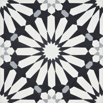 8"x8" Alhambra Handmade Cement Tile, Black-White-Gray, Set of 12