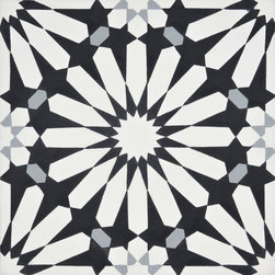 Moroccan Mosaic and Tile House - Alhambra Handmade Cement Tile, Black-White-Gray, Sample - Wall And Floor Tile