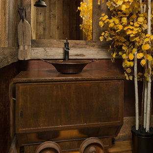 75 Beautiful Dark Wood Floor Powder Room With Distressed Cabinets