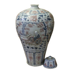 Handmade Ceramic Red Blue White Dimensional People Vase Jar - Decorative Jars And Urns