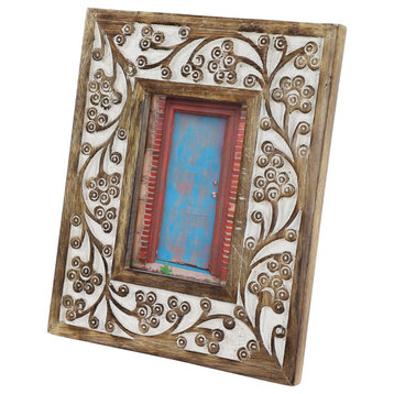 Rectangular Carved Wood Antique Floral Picture Frame With Whitewash Finish