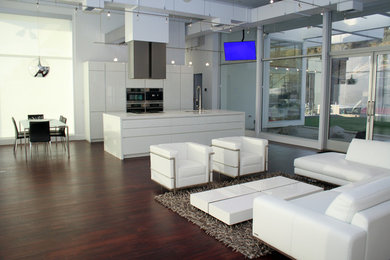 Example of a mid-sized minimalist single-wall dark wood floor and brown floor open concept kitchen design in San Francisco with an undermount sink, flat-panel cabinets, white cabinets, quartz countertops, white backsplash, stainless steel appliances and an island