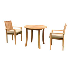 3-Piece Outdoor Teak Dining Set, 36" Round Table, 2 Lua Stacking Arm Chairs