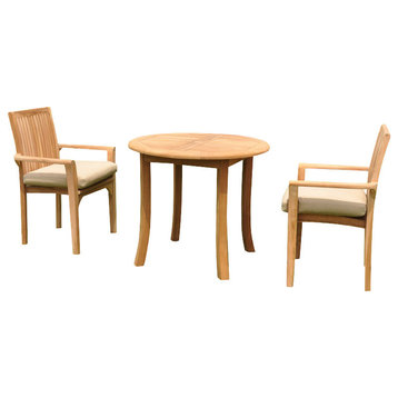 3-Piece Outdoor Teak Dining Set, 36" Round Table, 2 Lua Stacking Arm Chairs