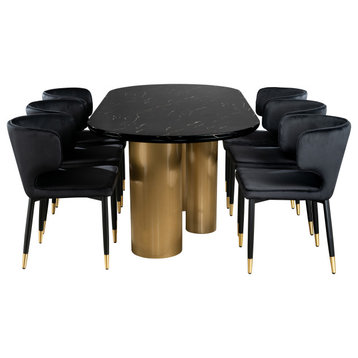 Balmain Stone Top Oval Gold Dining Table With 6 Black Chairs