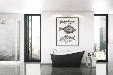 Design ideas for a contemporary master bathroom in Montreal with a freestanding tub, a corner shower, white walls and gray tile.