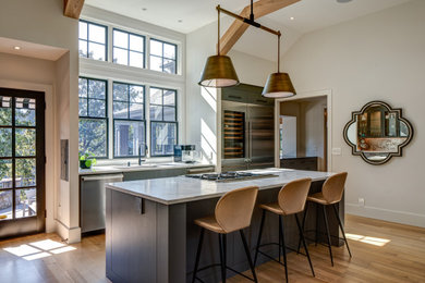 Example of a mid-sized transitional galley light wood floor and beige floor kitchen design in Portland with an undermount sink, flat-panel cabinets, green cabinets, stainless steel appliances, an island and white countertops