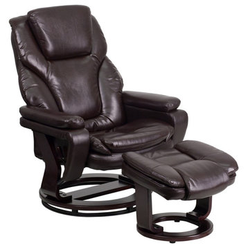 2-Piece Leather Recliner and Ottoman Set, Brown Leather