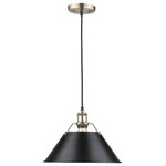 Golden Lighting - Orwell 1-Light Pendant, 14", Aged Brass With Black Shade - Orwell is an extensive assortment of industrial style fixtures. The beauty and character of the collection are in the refined details. This transitional series works well in a variety of settings. Partial shades shield the eyes from possible hot spots, while the open tops tease onlookers with a view of the sockets and bulbs. The design allows light and heat to escape from above and below the metal shades, providing both task and ambient lighting. Edison bulbs are recommended to compete the vintage, industrial look of the fixtures. A choice-selection of finish and shade color combinations heighten the appeal of the series. Opal glass shades are available for bath fixtures. Single pendants are suspended from woven fabric cords while multi-light fixtures are rod-hung.