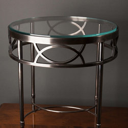 Steel Side Table with Burnished Pewter Plating and STARPHIRE glass insert top - Products
