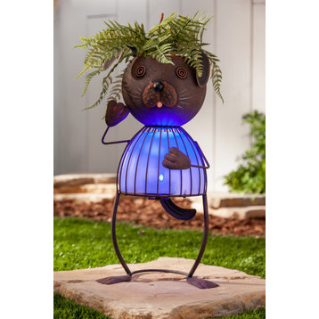 20.87" Solar Lighted Garden Meadow Dog Pot Head