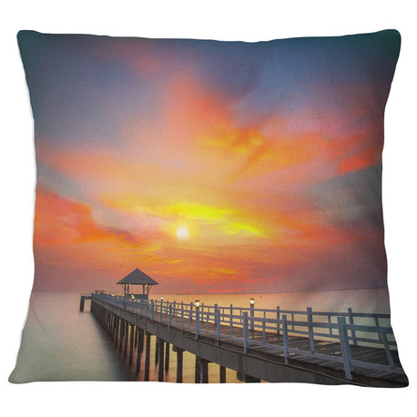 Wooden Bridge under Yellow Sky Pier Seascape Throw Pillow, 16"x16"