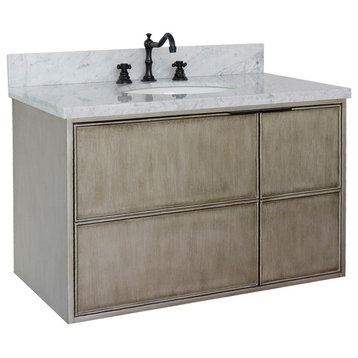 37" Single Wall Mount Vanity, Linen Brown Finish With White Carrara Top