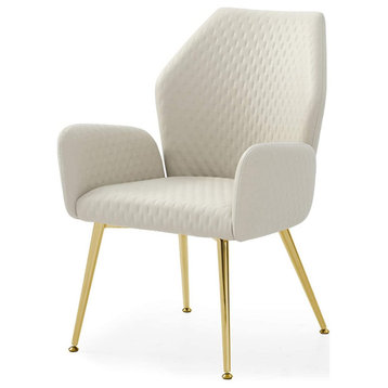 Modern Dining Chair, Champagne Gold Legs, Patterned Beige Upholstery