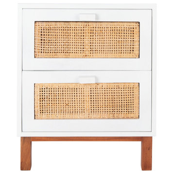 Contemporary Nightstand, Mahogany Wood Frame & Rattan Front Drawers, White