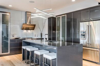 Large minimalist l-shaped light wood floor and beige floor kitchen photo in Other with quartz countertops, an island, an undermount sink, flat-panel cabinets, gray cabinets, white backsplash, glass sheet backsplash, stainless steel appliances and gray countertops