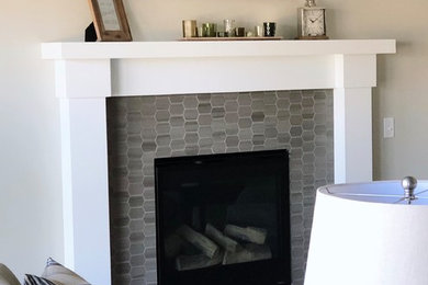 Transitional laminate floor living room photo in Other with gray walls, a standard fireplace and a tile fireplace