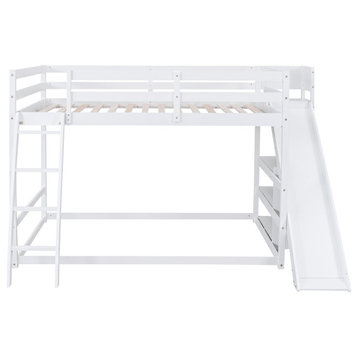 Gewnee Wood Full Over Full Bunk Bed with Ladder, Slide and Shelves in White