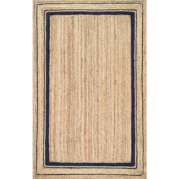 Farmhouse Area Rug, Natural Jute With Boundary Pattern, Navy Blue, 9' Square