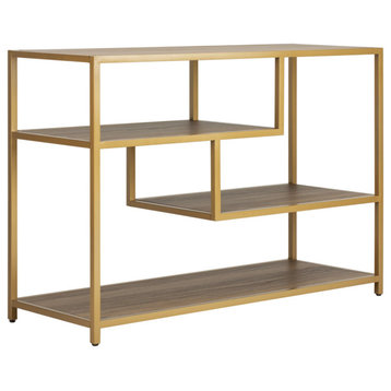 Unique Console Table, Geometric Design With Asymmetrical Shelves, Gold/Walnut