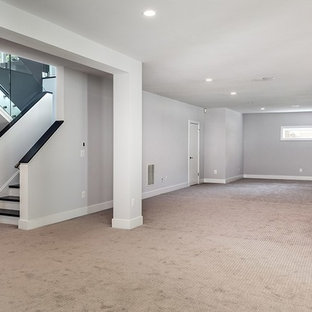 Photo of a medium sized contemporary look-out basement in DC Metro with grey walls, carpet, no fireplace and brown floors.