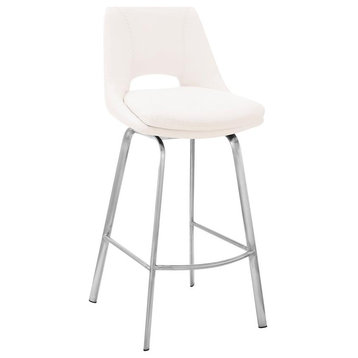 Carise White Faux Leather and Brushed Stainless Steel Swivel 30 Bar Stool