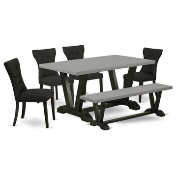 East West Furniture V-Style 6-Piece Rubber Wood Dining Set in Black/Cement