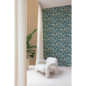 Tropical Jungle Leaves Textured Double Roll Wallpaper, Blue, Double Roll