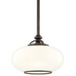 Hudson Valley Lighting - Canton, One Light 15-inch Pendant, Old Bronze Finish, Opal Glossy Glass Shade - Gaslights required airtight connections and durable glasswork, making it necessary to construct fixtures according to exacting standards. We still apply these rigorous design principles to our 21st century electric fixtures. Canton's pipe tubing and opal glass displays premium restoration craftsmanship. Cast metal rings at each end of the shade emphasize Canton's signature oblong shape.