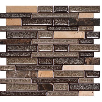 12"x11.5" Crackled Glass and Stone Mosaic Tile, Mixed Strips, Set of 5