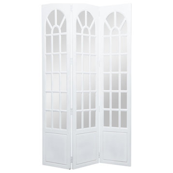 Tall Modern Room Divider, Wooden Frame With 3 Panels and Glass Inserts, White