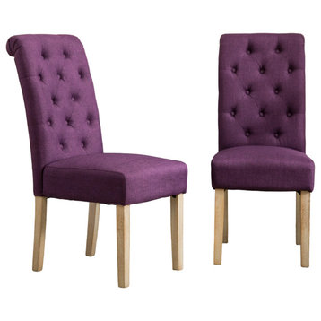 2 Pack Dining Chair, Linen Upholstered Seat & Button Tufted Rolled Arms, Purple