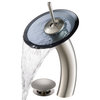 Glass Waterfall Vessel Bathroom Faucet Satin Nickel w Drain, Clear Black Glass