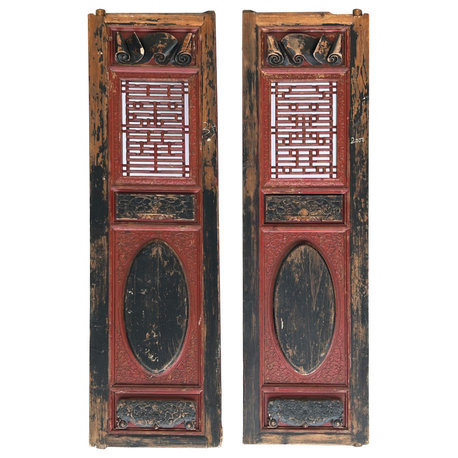 Pair Vintage Chinese Red Black Fujian Style Wood Wall Door Panels Hws3659