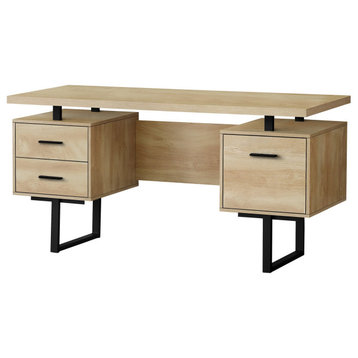 Modern Desk, Floating Top With 2 Drawers & Storage Cabinet, Natural