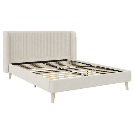 Novogratz Holly Upholstered Wingback Bed Frame in Queen in Ivory Velvet