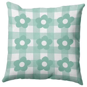 Flowers on Gingham Decorative Indoor/Outdoor Pillow, Spring Green, 16"x16"