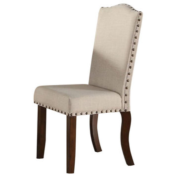 Rubber Wood Dining Chair With Nail Head Trim, Set Of 2, Brown And Cream