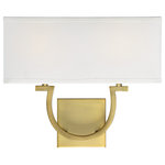 Savoy House - Rhodes 2-Light Warm Brass Sconce - With the casual charm of an elongated horseshoe shape, the Rhodes Collection is an ideal space-saving solution in a variety of traditional and transitional interiors. Measuring 14" wide x 12" high x 4" extension, the two-light wall sconce offers ample illumination from two 60-watt candelabra bulbs. A White Linen shade keeps the look neutral while the Warm Brass finish provides traditional flair.