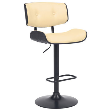 Brooklyn Adjustable Swivel Faux Leather and Wood Bar Stool With Metal Base, Cream and Black