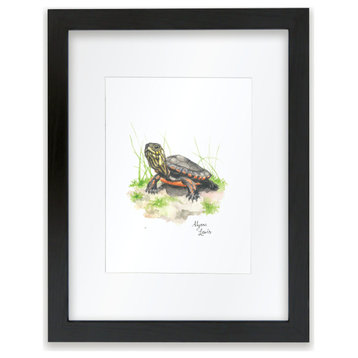 "Woodland Tinies" Turtle Individual Framed Print, With Mat, Black, 11"x14"