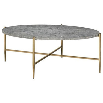 ACME Tainte Oval Faux Marble Top Coffee Table in Gray and Champagne