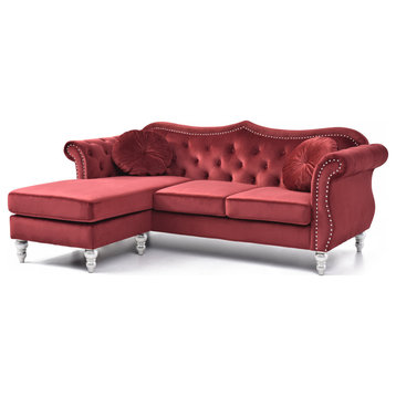 Hollywood 81 in. Burgundy Velvet Chesterfield Sectional Sofa With 2-Throw Pillow